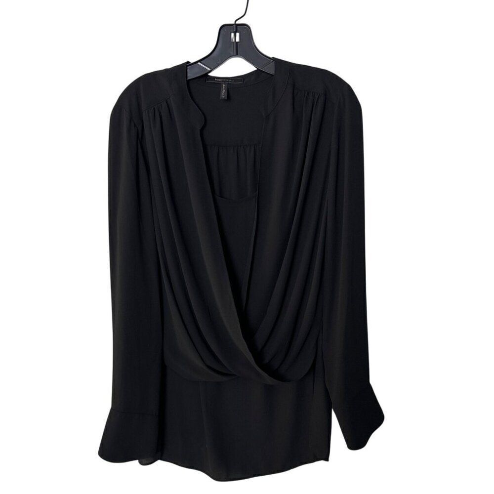 BCBGMAXAZRIA Womens Long Sleeve Draped Black Blouse Size M